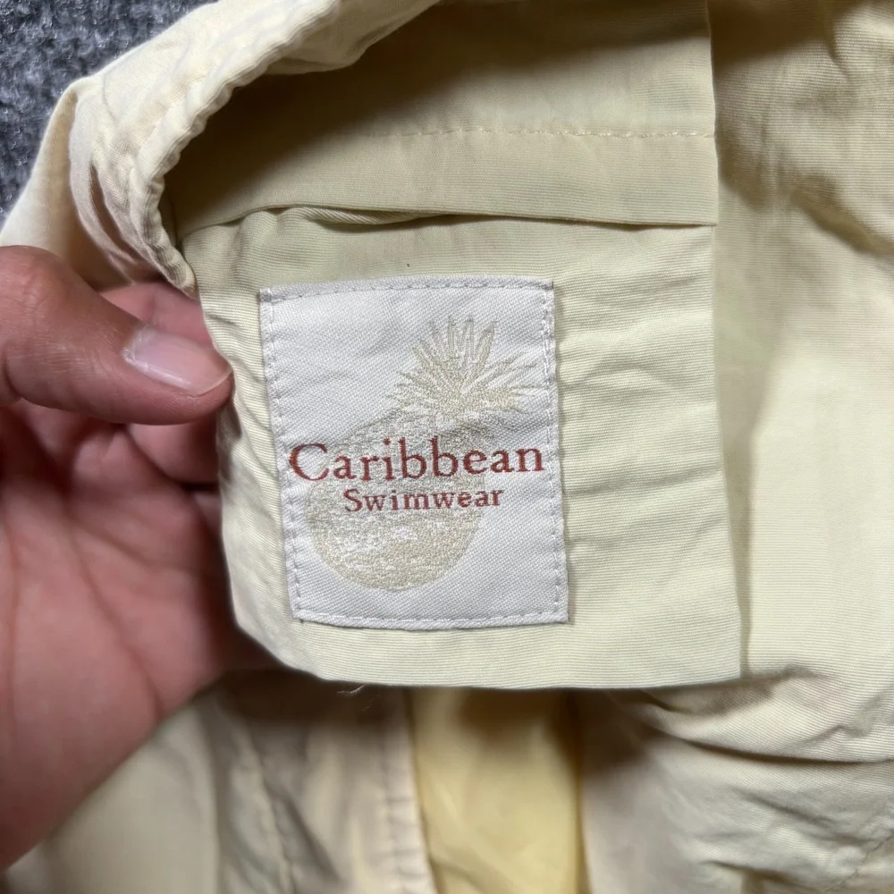 Caribbean Swimwear Board Shorts Mens Medium Beige Embroidered Fish Swim Trunks